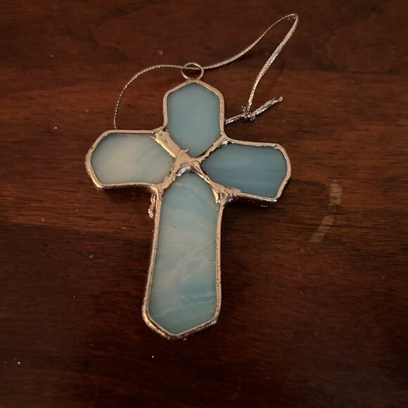 Vintage -Blue Stained Glass Cross Ornament Joy Silver Wire- 3" Tall - Picture 3 of 3